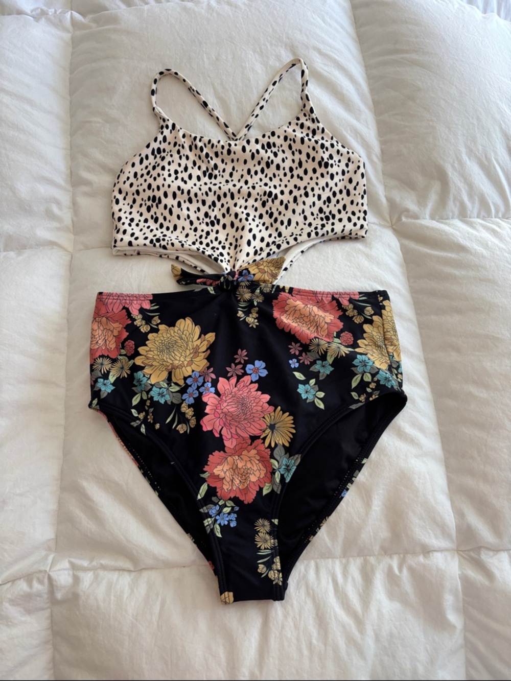 O'Neill Cream & Black Dalmatian Print One-Piece with Floral Accent